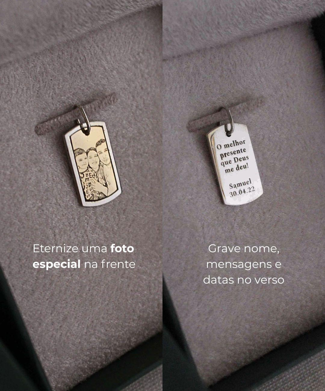 Pingente Placa Foto Personalizado Ouro 18K e Prata 950