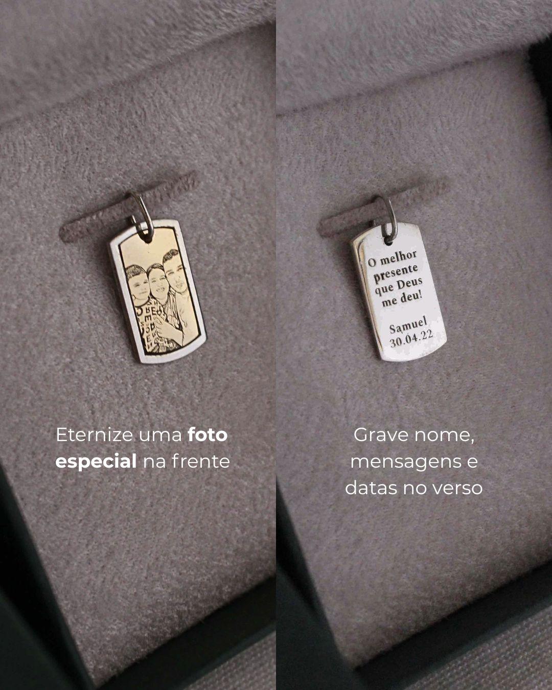 Pingente Placa Foto Personalizado Ouro 18K e Prata 950
