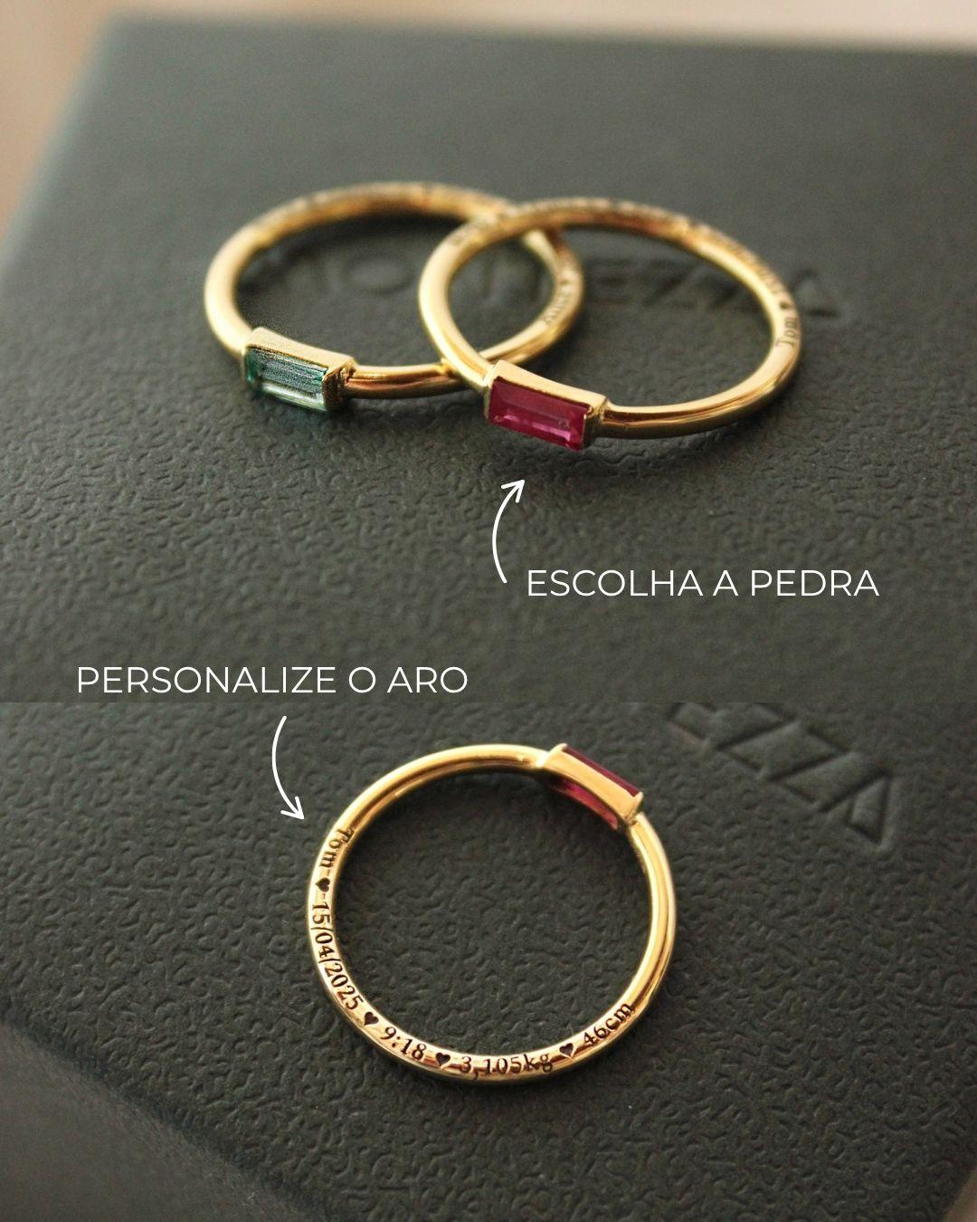 Anel Baguete Memórias Lili Personalizado Ouro 18K