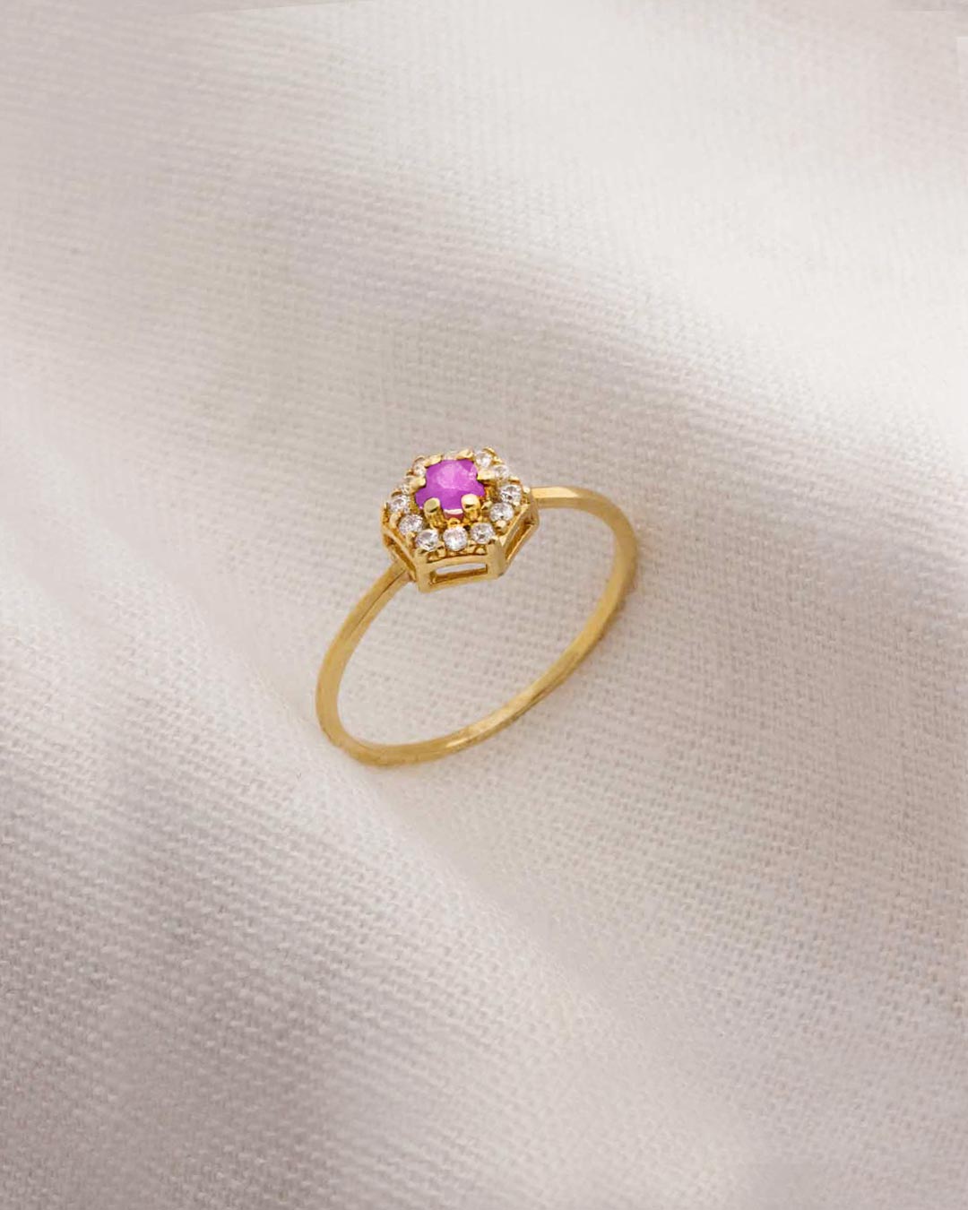 Anel Formatura Ouro 18K Turmalina Rosa Hexagonal Aro Delicado - Montezza Joias