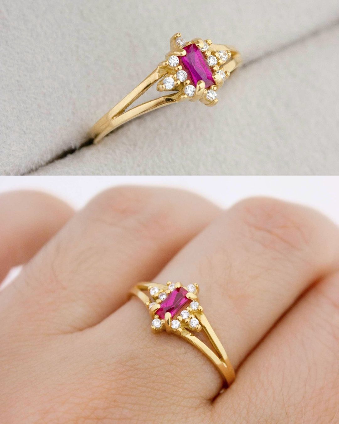Anel Formatura Baguete Aro Duplo Ouro 18K
