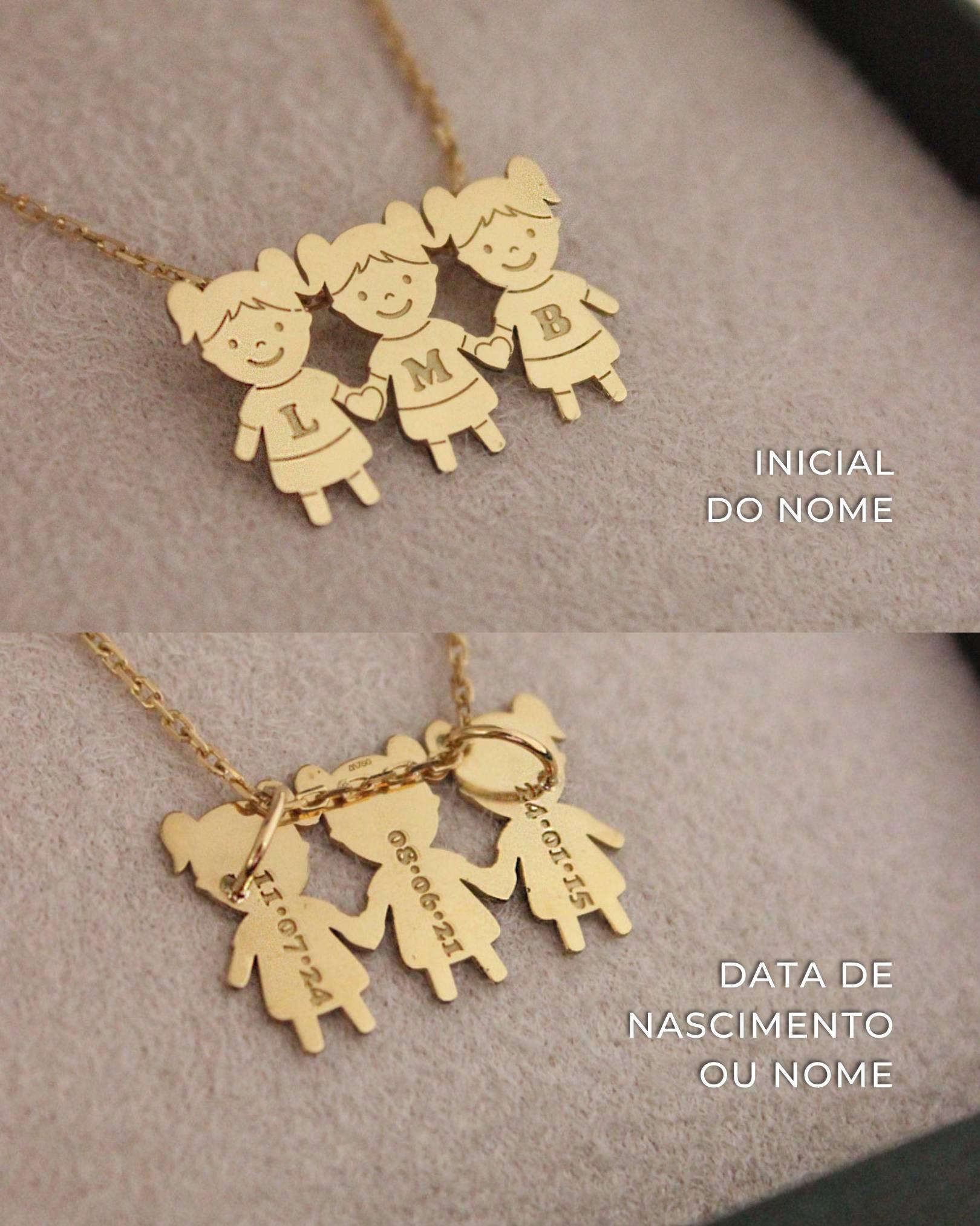 pingente em ouro com dois ou três filhos, menino ou menina, personalizado com nome, inicial e data de nascimento