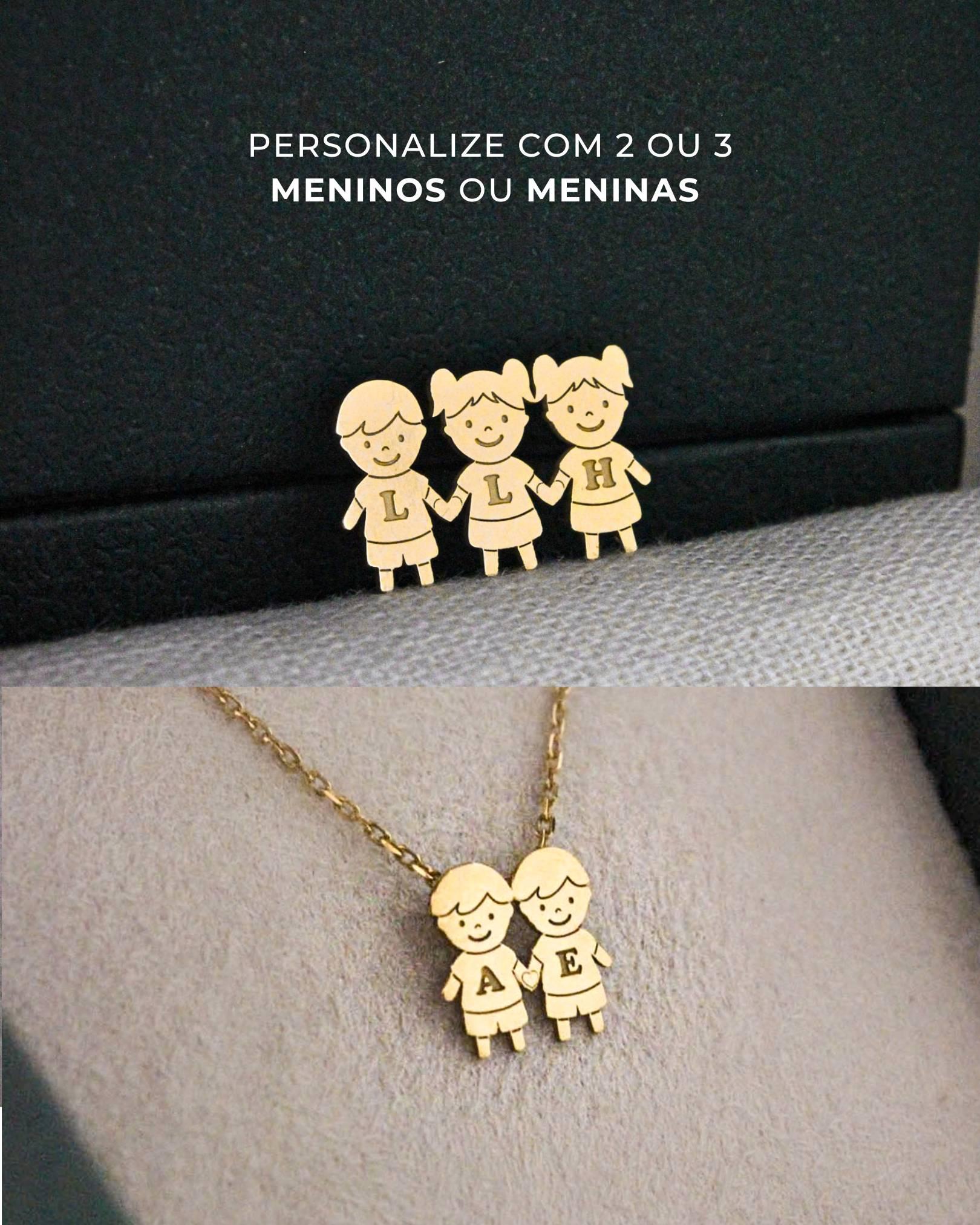 pingente em ouro com dois ou três filhos, menino ou menina, personalizado com nome, inicial e data de nascimento