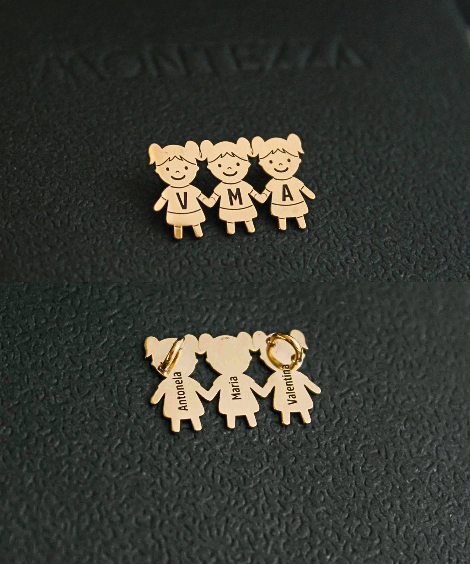 pingente em ouro com dois ou três filhos, menino ou menina, personalizado com nome, inicial e data de nascimento