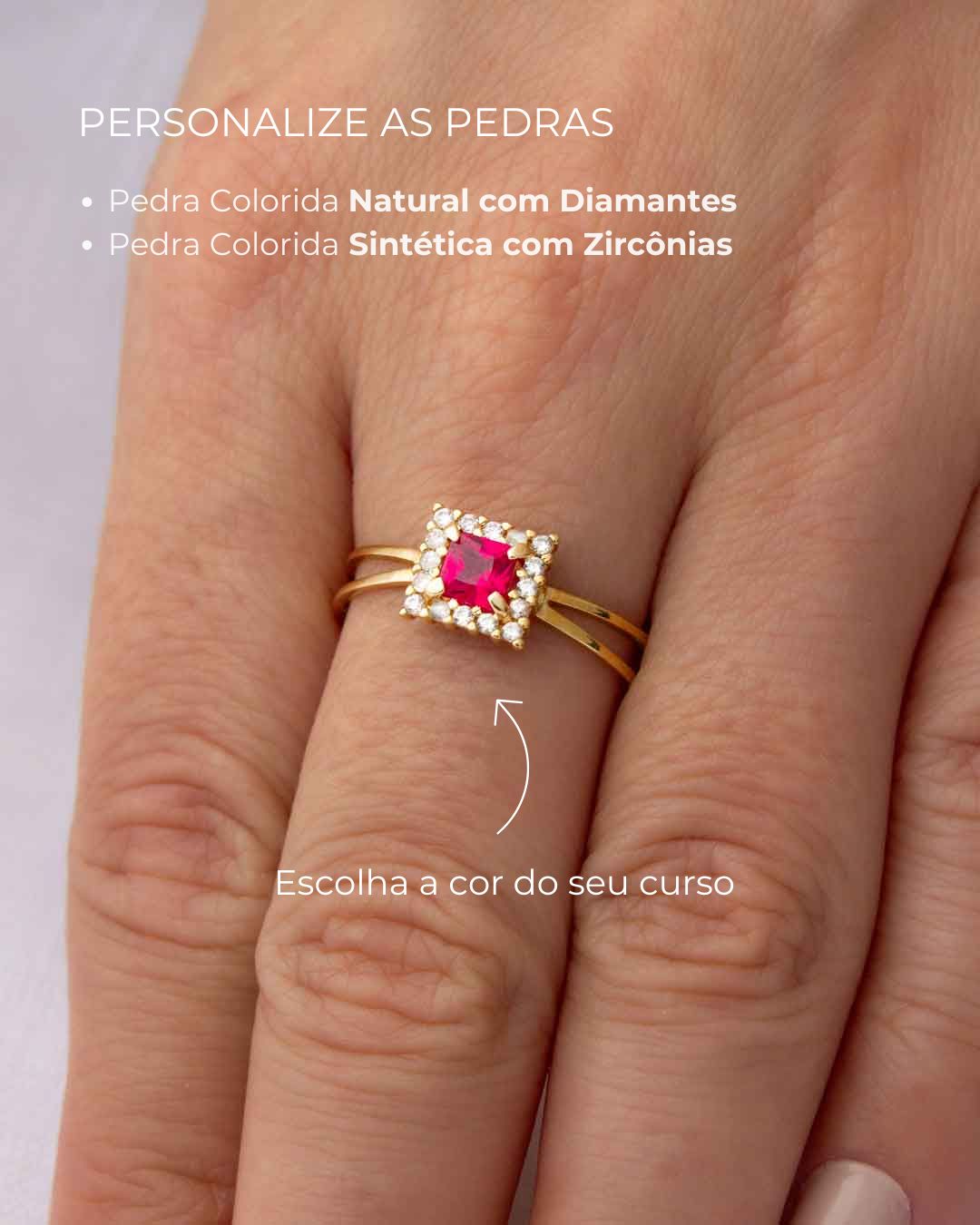 Anel Formatura Quadrado Aro Duplo Ouro 18K
