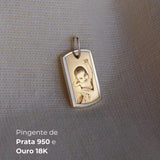 Pingente Placa Foto Personalizado Ouro 18K e Prata 950