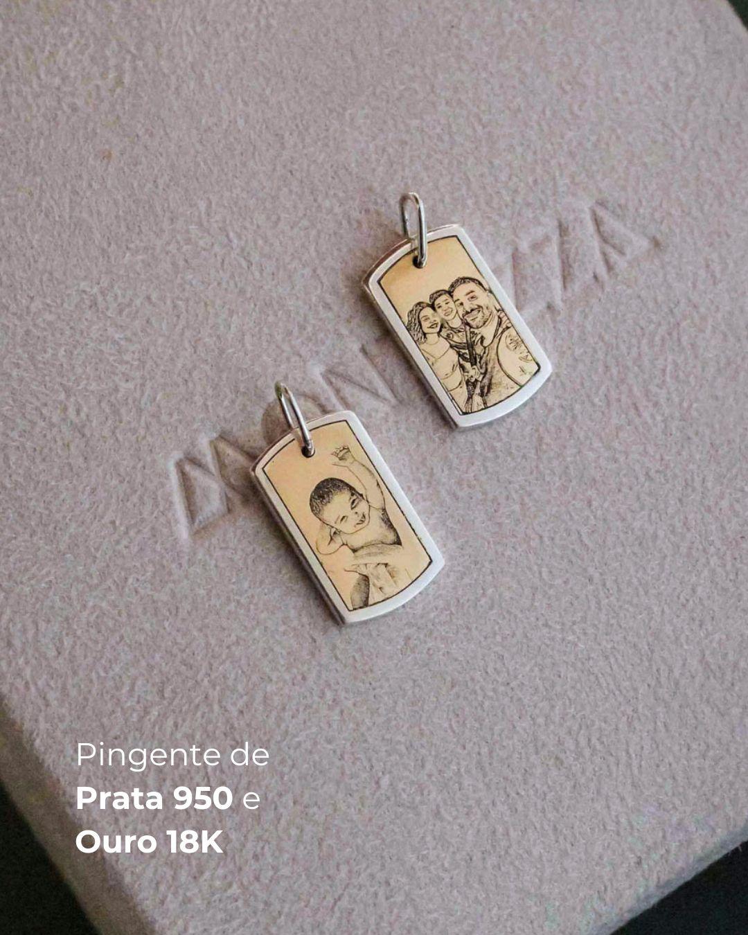 Pingente Placa Foto Personalizado Ouro 18K e Prata 950