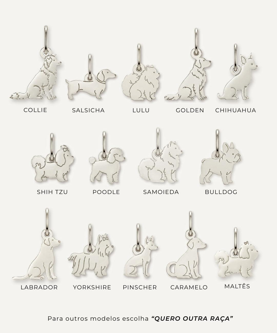 Catálogo com 14 raças do pingente cachorro prata 950: Collie, Salsicha, Lulu, Golden, Chihuahua, Poodle, Bulldog e mais