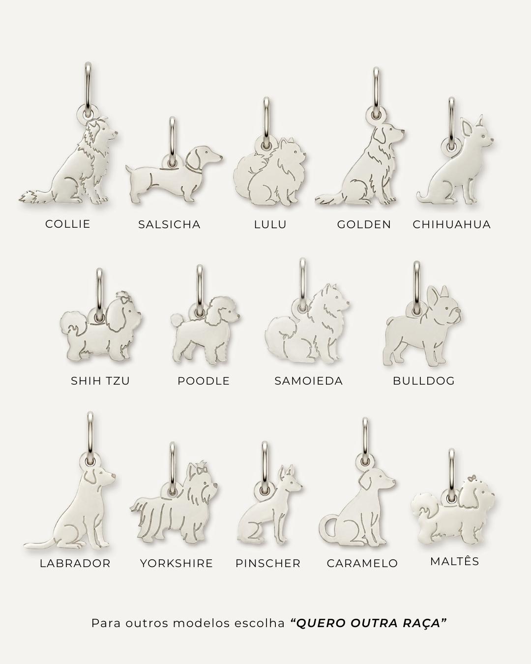 Catálogo com 14 raças do pingente cachorro prata 950: Collie, Salsicha, Lulu, Golden, Chihuahua, Poodle, Bulldog e mais