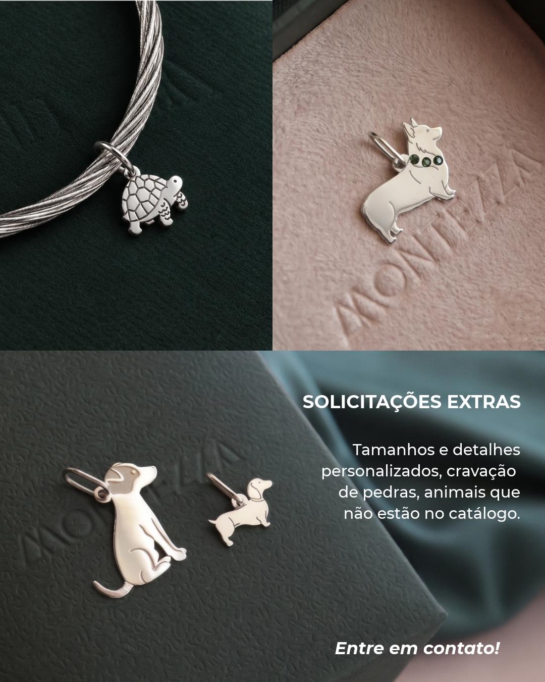 Pingentes de pet em prata 950 sob medida: tartaruga, corgi com pedras, labrador e salsicha