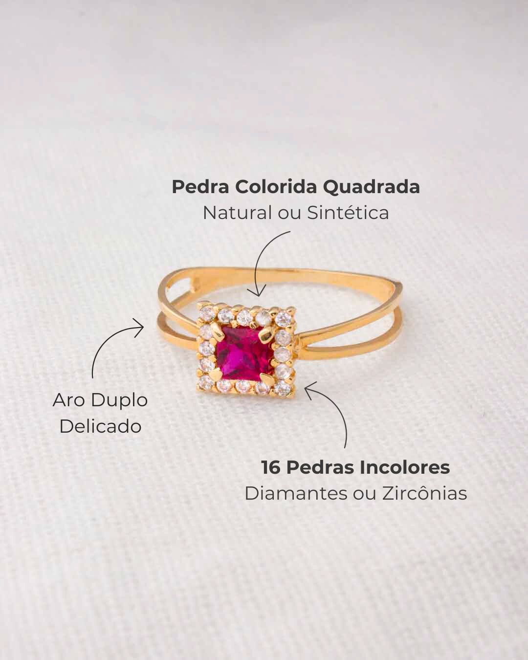 Anel Formatura Quadrado Aro Duplo Ouro 18K